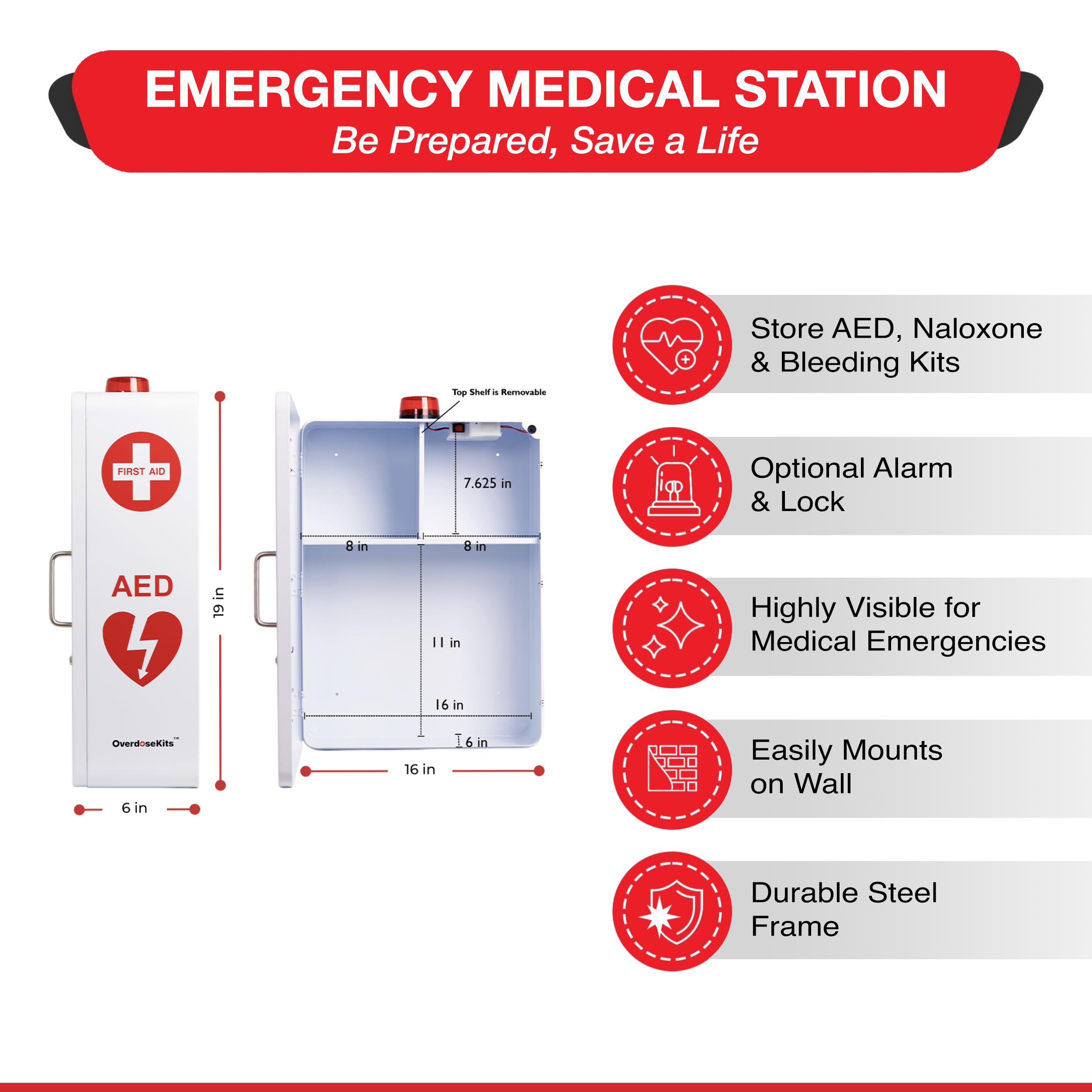 Naloxone upper storage on OVERDOSE KITS cabinet for fast distribution