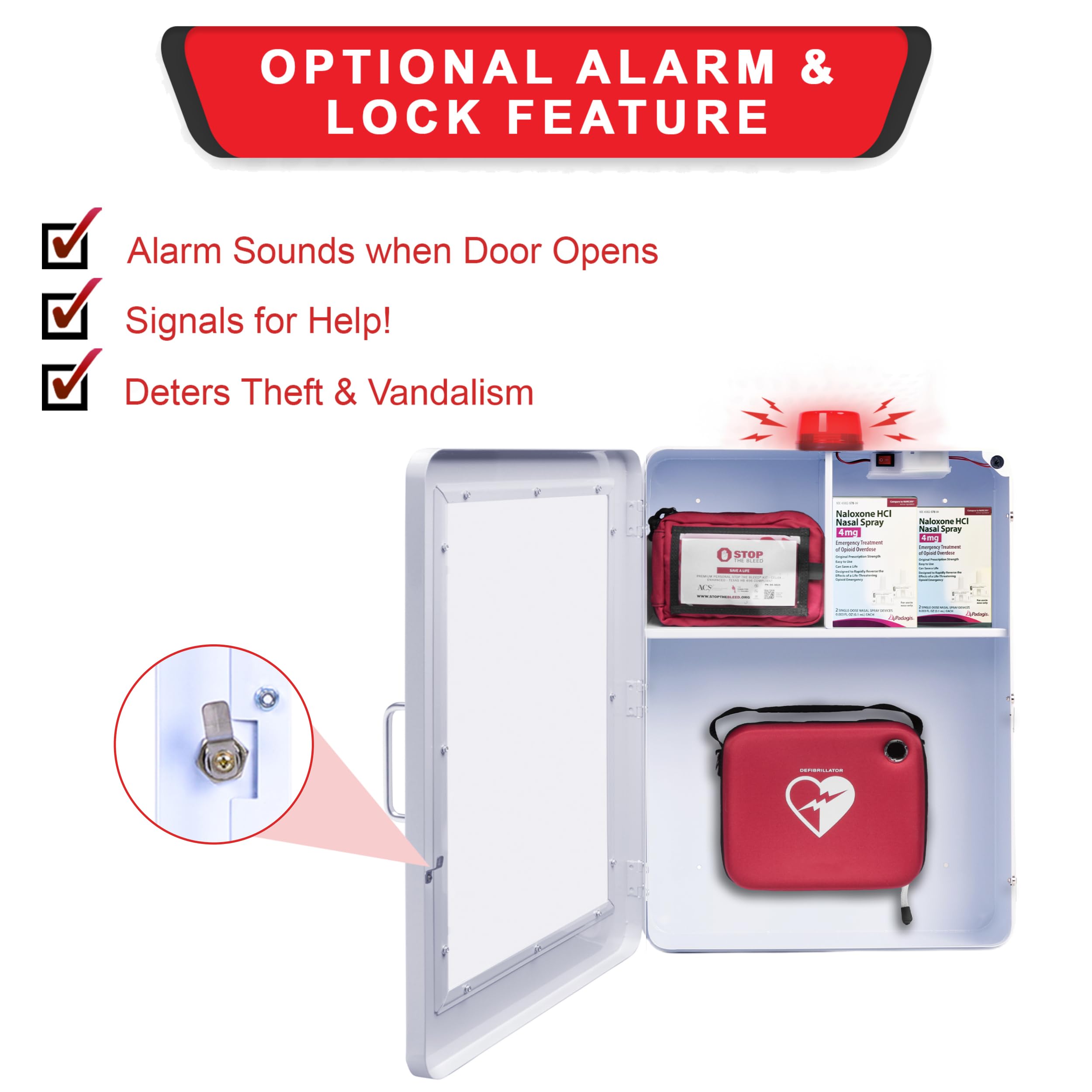 Plexiglass window on OVERDOSE KITS cabinet for visibility and protection
