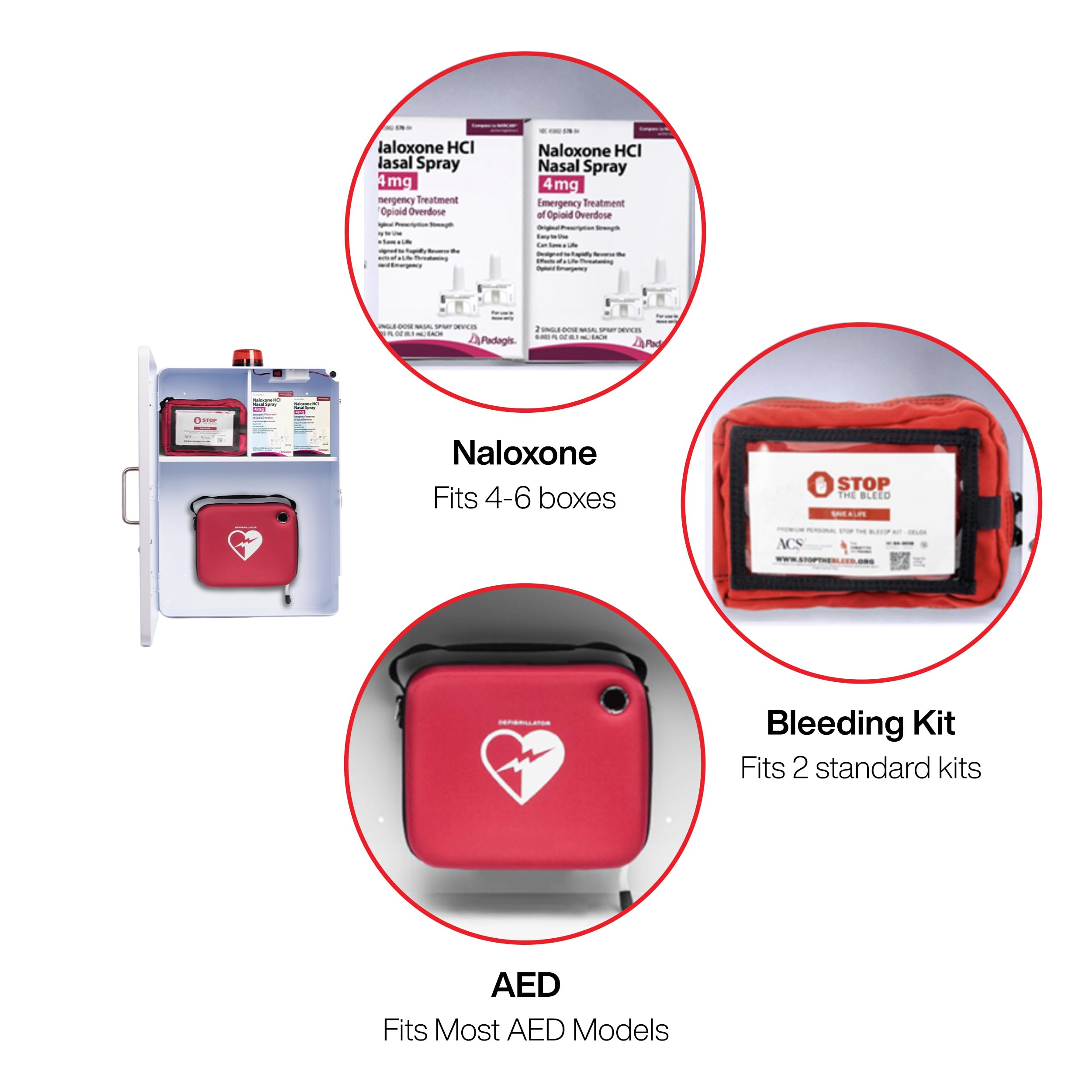 Stop the Bleed kit shelf on OVERDOSE KITS cabinet for bleeding control readiness