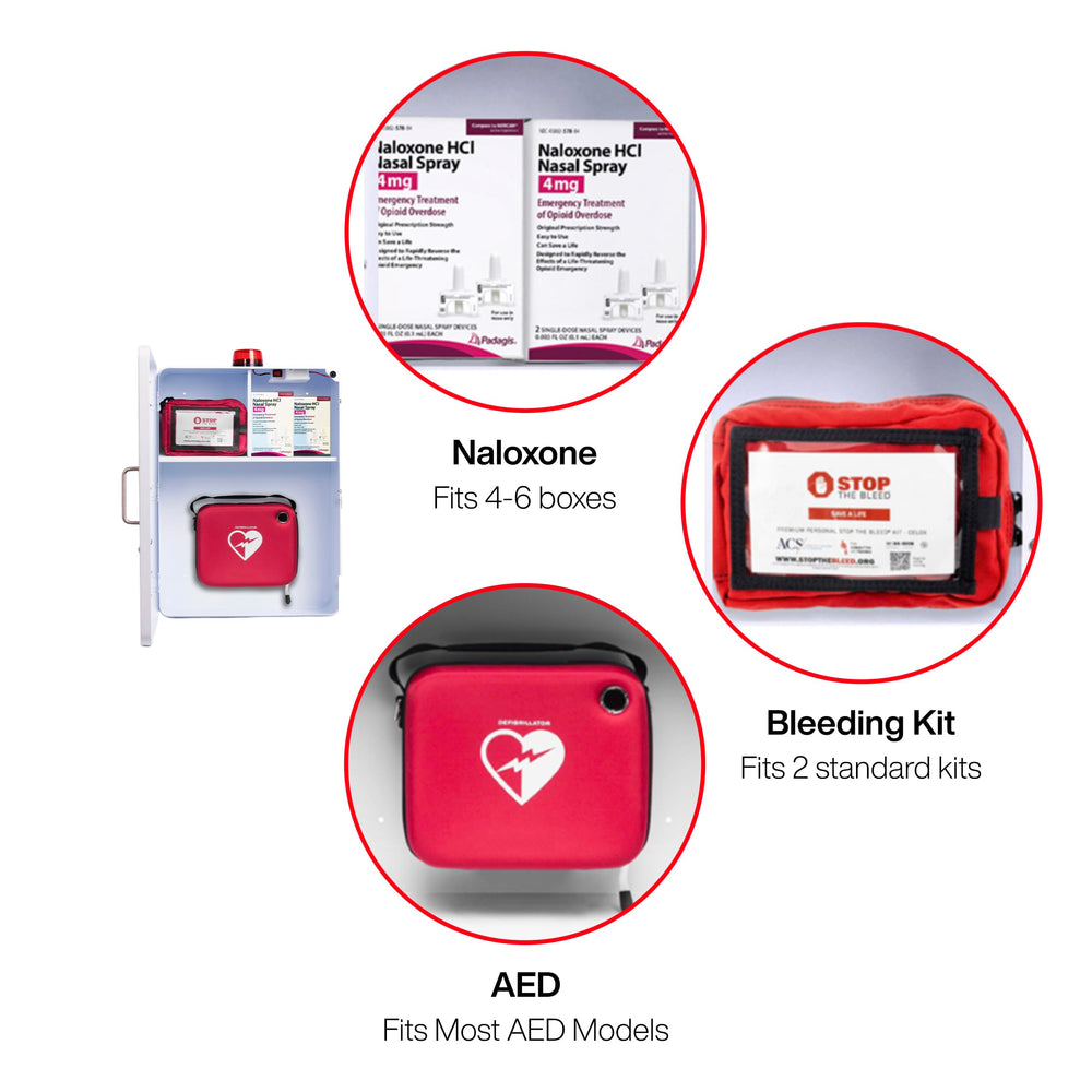 Stop the Bleed kit shelf on OVERDOSE KITS cabinet for bleeding control readiness