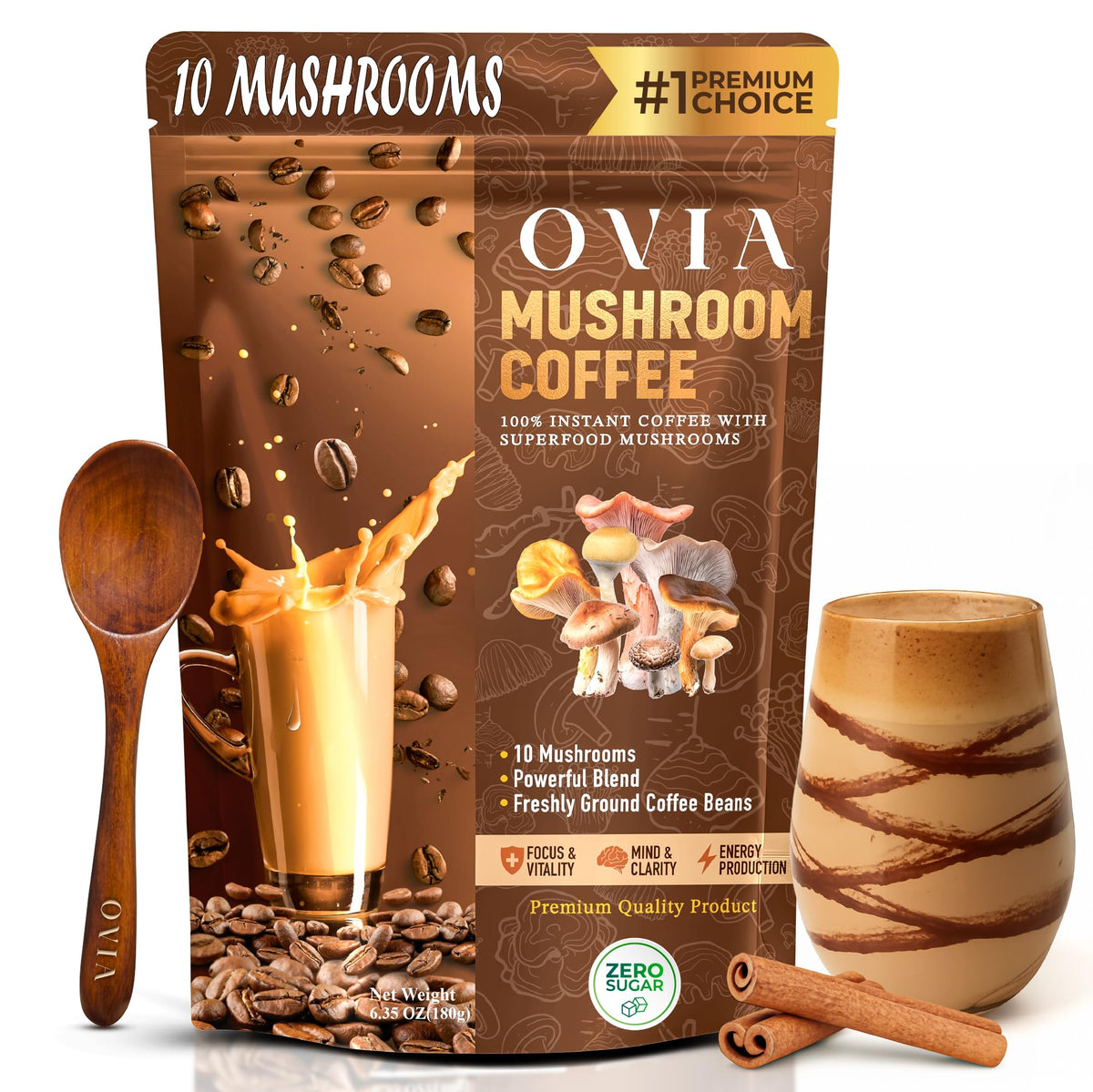 OVIA Natural 10 Mushroom Coffee canister for a daily focus ritual.
