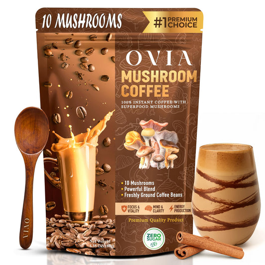 OVIA Natural 10 Mushroom Coffee canister for a daily focus ritual.