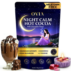 OVIA Night Calm bag label highlights a melatonin-free sleep ritual.
