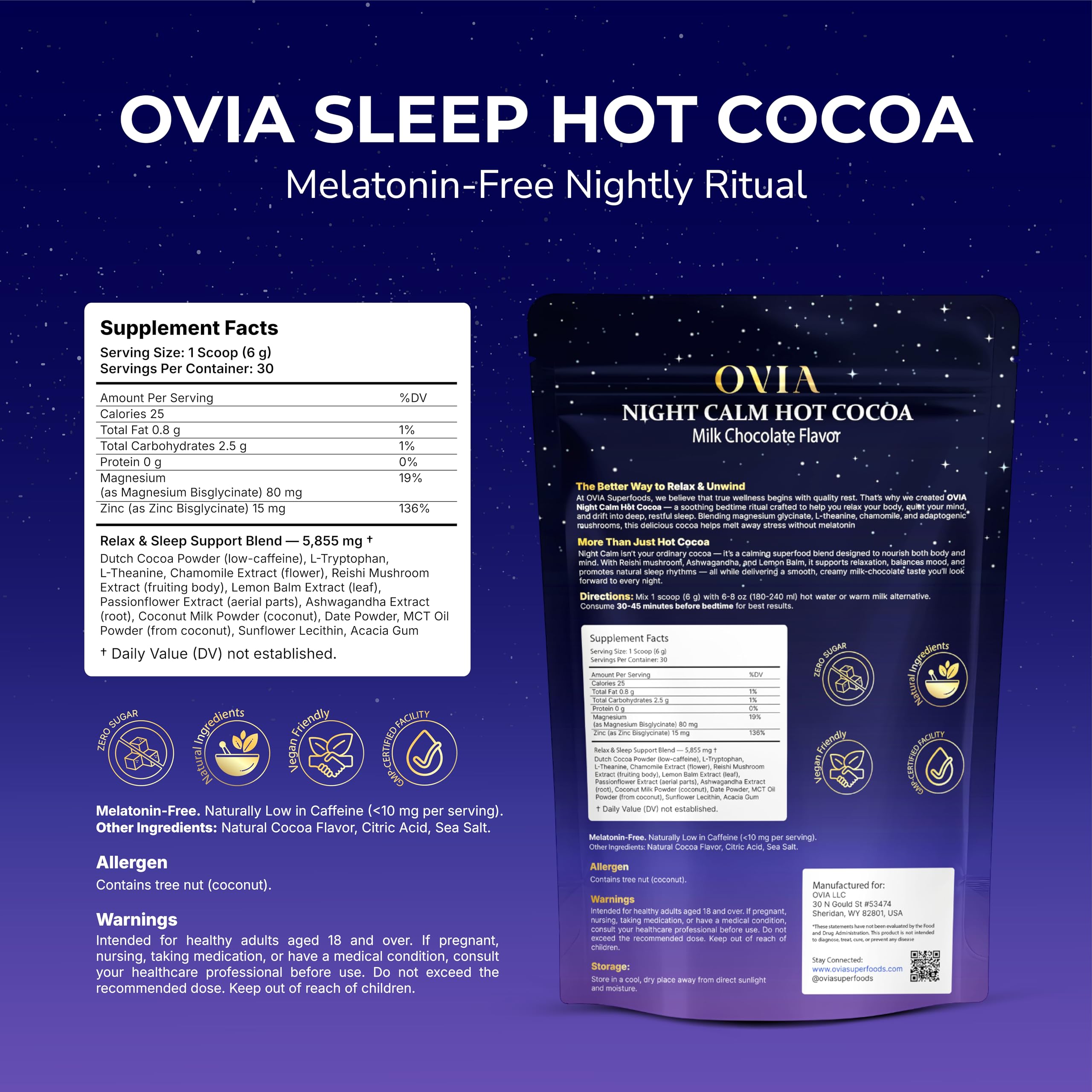 OVIA Night Calm ingredients scene shows natural botanicals and colors.
