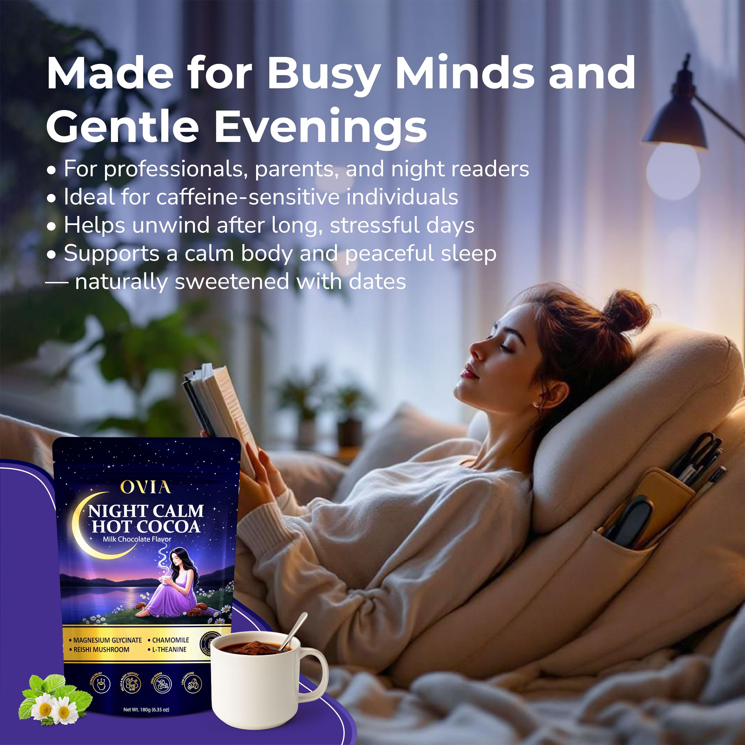 OVIA Night Calm L-Tryptophan and L-Theanine blend signals mood-friendly support.