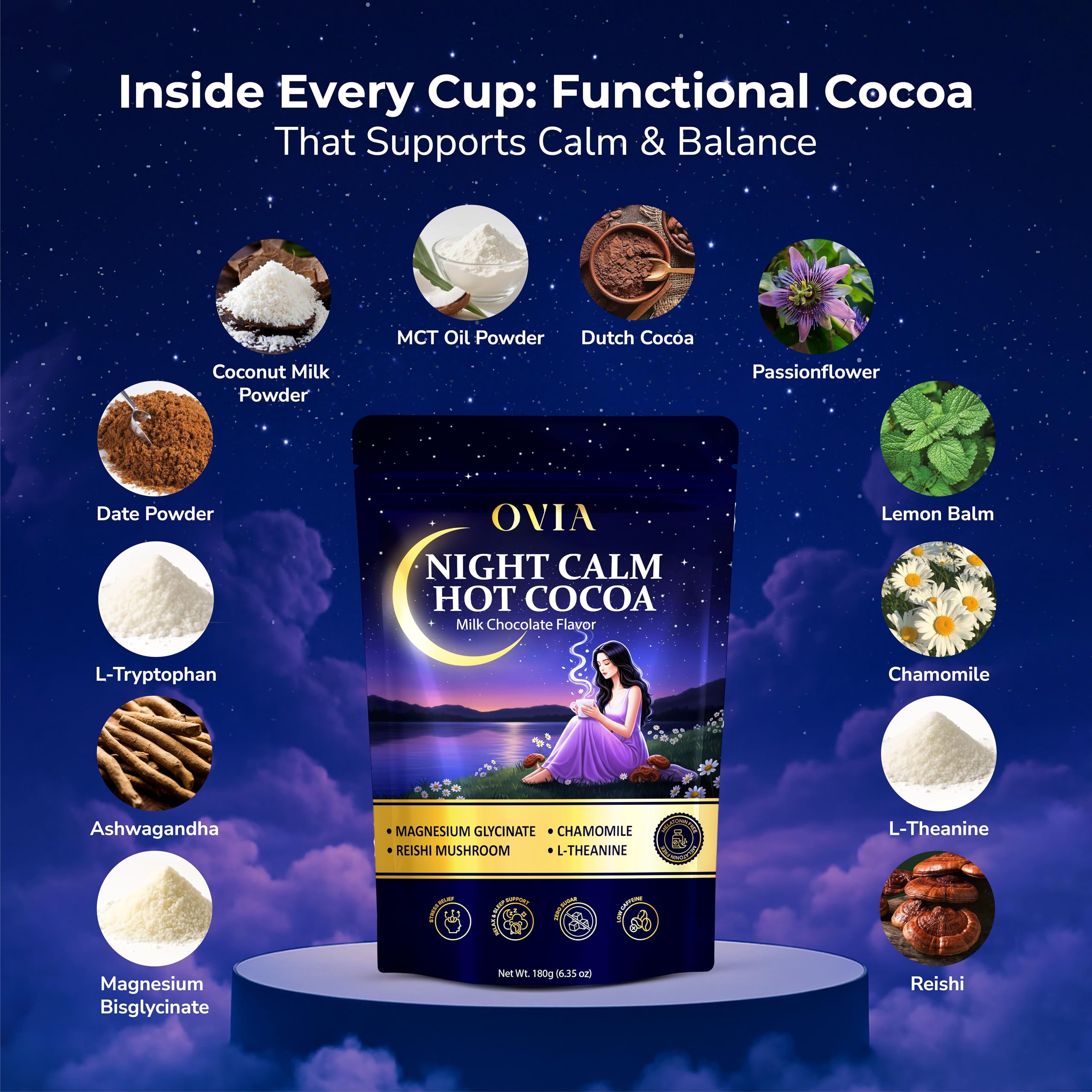 OVIA Night Calm mug with steaming cocoa ready for wind-down.