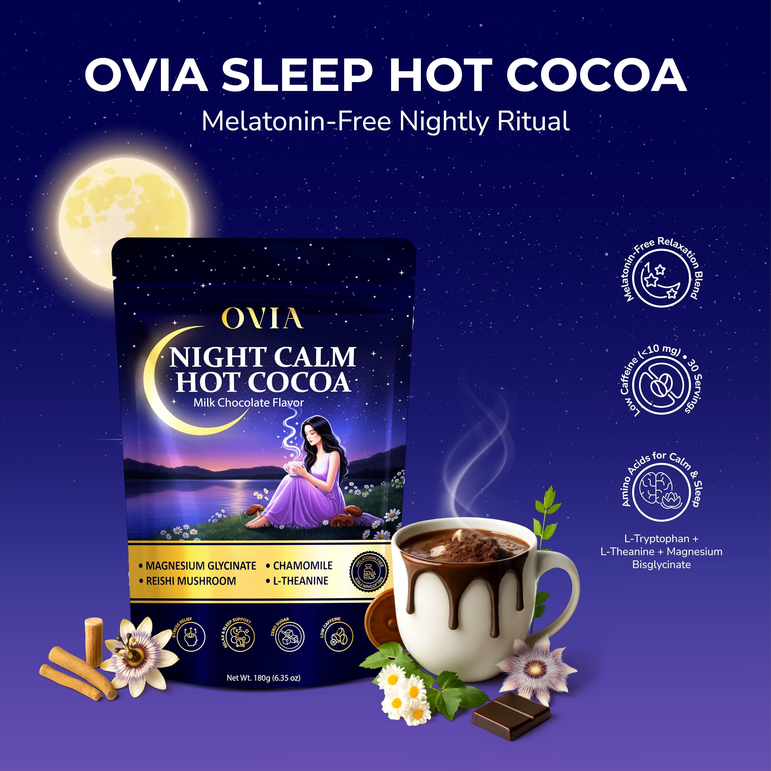 OVIA Night Calm reishi mushrooms highlight adaptogenic ingredients for evening calm.