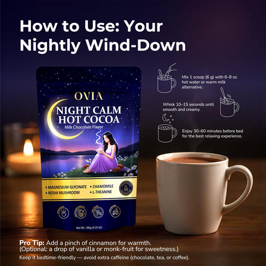 OVIA Night Calm tin jar front emphasizing magnesium and zinc for relaxation.