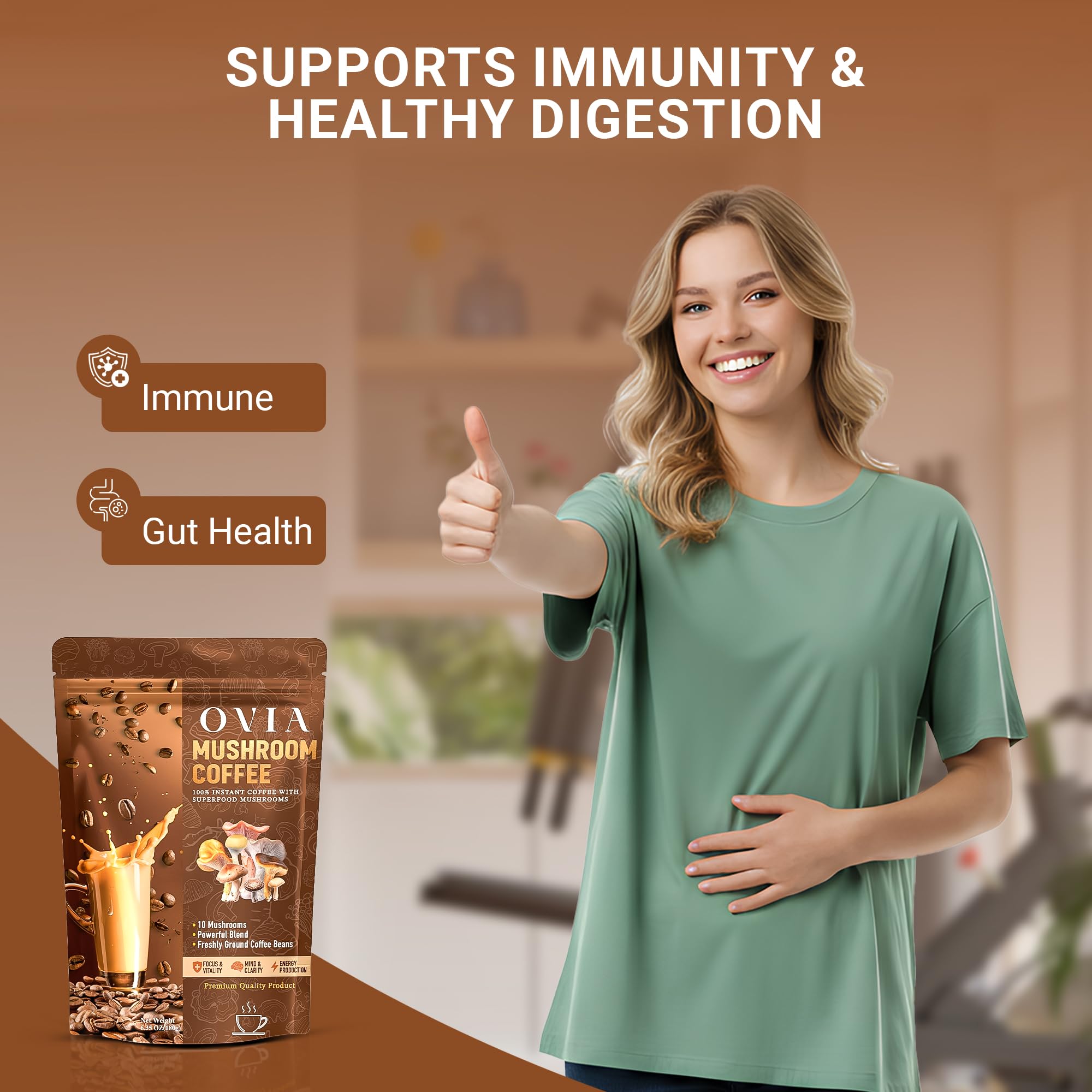 Close-up of OVIA blend ingredients showing Lion’s Mane and Reishi mushrooms.