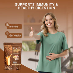 Close-up of OVIA blend ingredients showing Lion’s Mane and Reishi mushrooms.