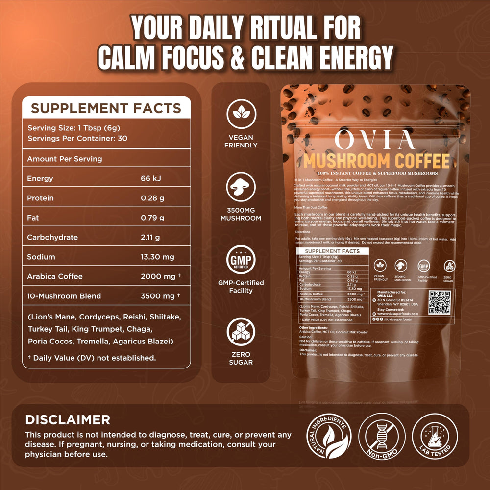 OVIA Ten Mushroom Coffee powder with scoop for measured morning energy.