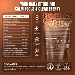 OVIA Ten Mushroom Coffee powder with scoop for measured morning energy.