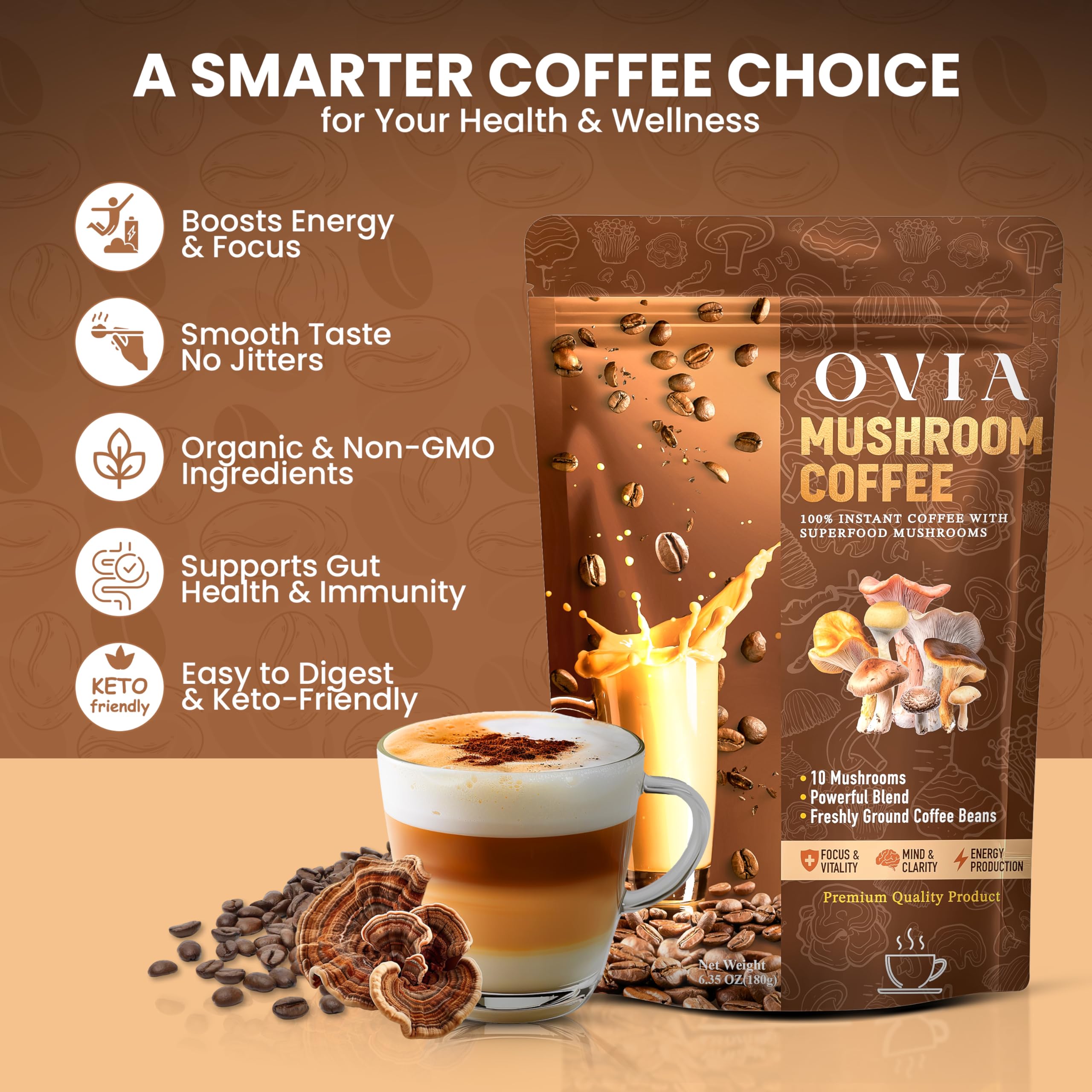 Steaming cup of OVIA mushroom coffee signaling clean energy and alertness.