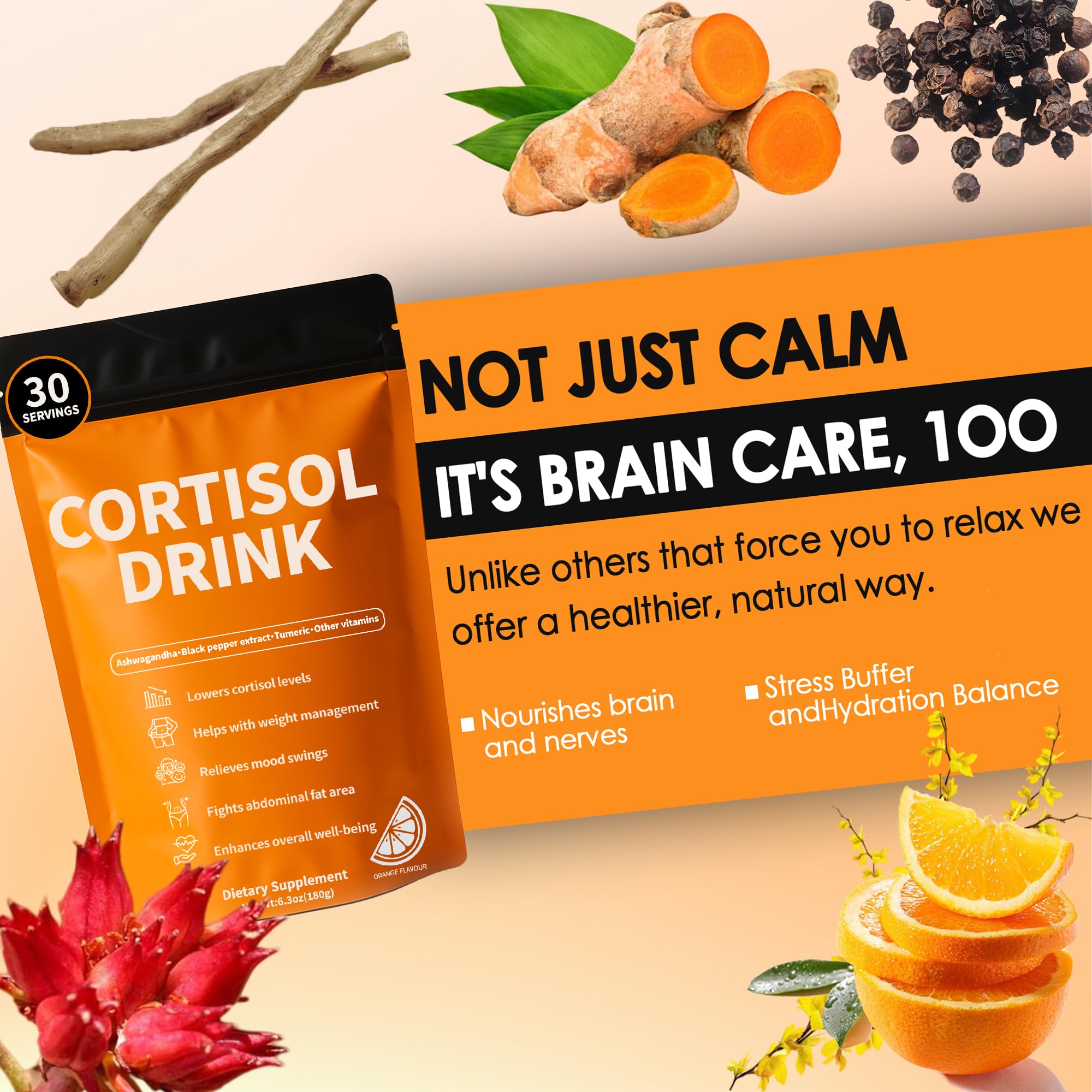 oviaapo Cortisol Drink Powder ingredients: Ashwagandha and L-Theanine for calm focus.
