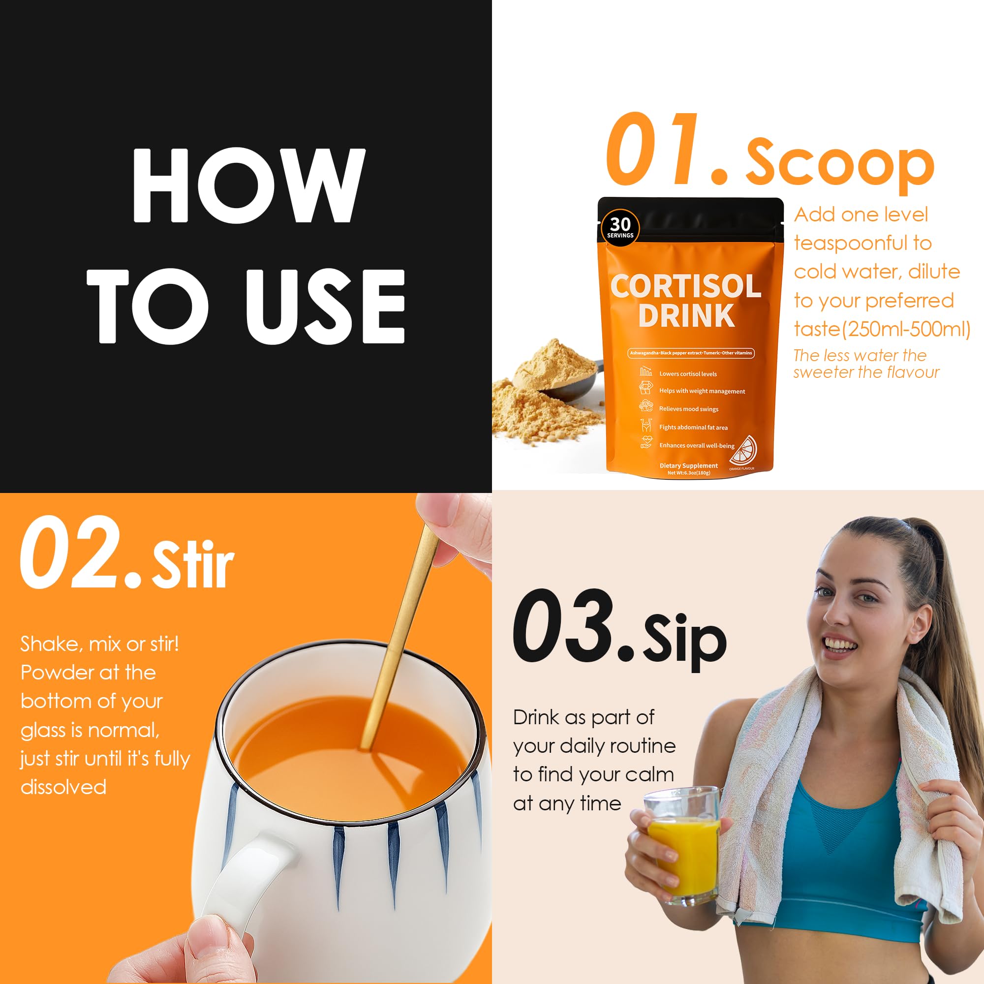 oviaapo Cortisol Drink Powder serving in a glass, ready to sip.
