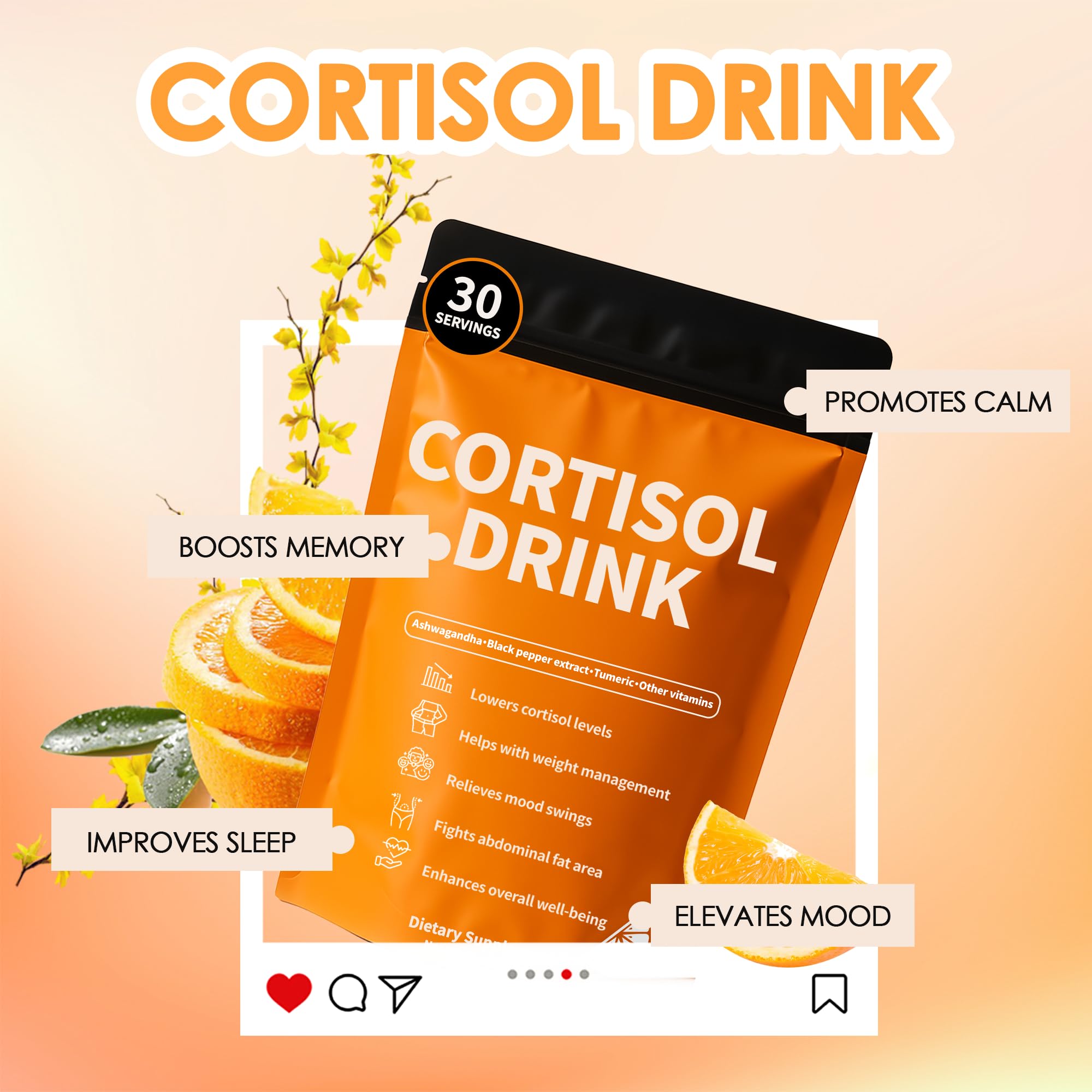 oviaapo Cortisol Drink Powder on a counter with measuring scoop ready to mix.