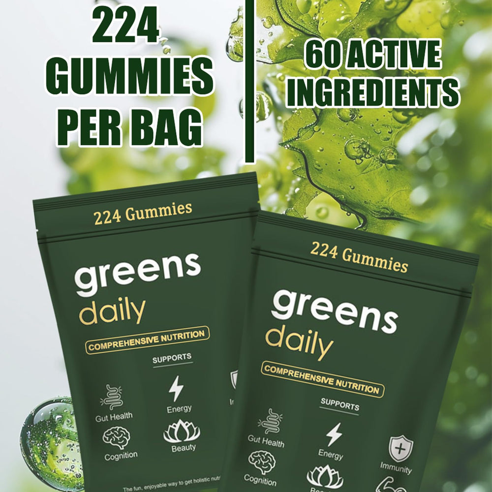 Oviaapo Greens Gummies packaging shows gluten-free, nut-free, dairy-free options