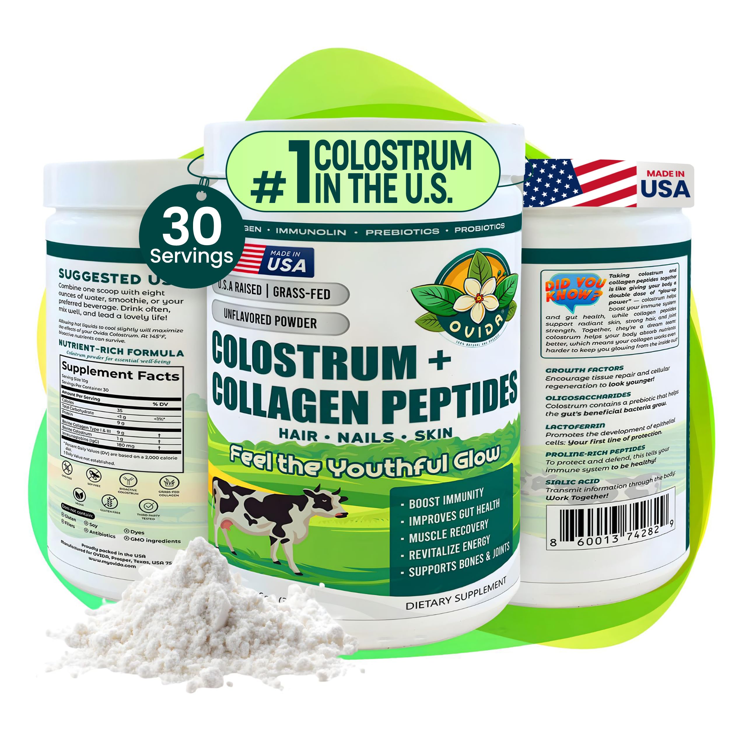 OVIDA premium bovine colostrum and collagen powder in a jar for simple daily wellness