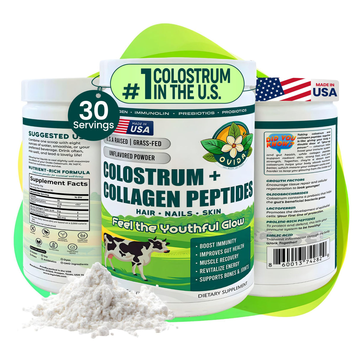 OVIDA premium bovine colostrum and collagen powder in a jar for simple daily wellness