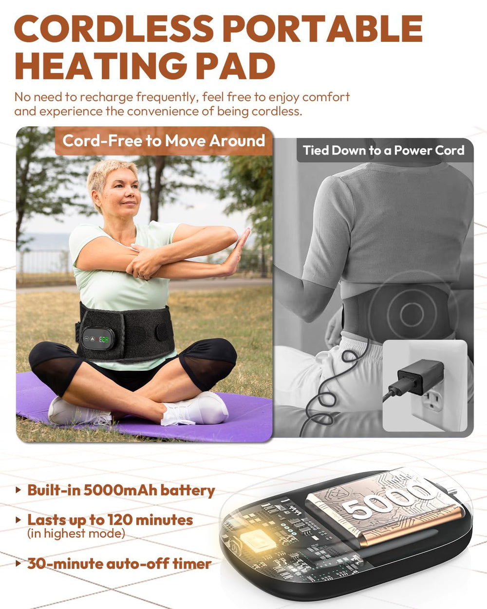 OVIMAZ red light therapy belt battery pack shows long cordless runtime for travel.