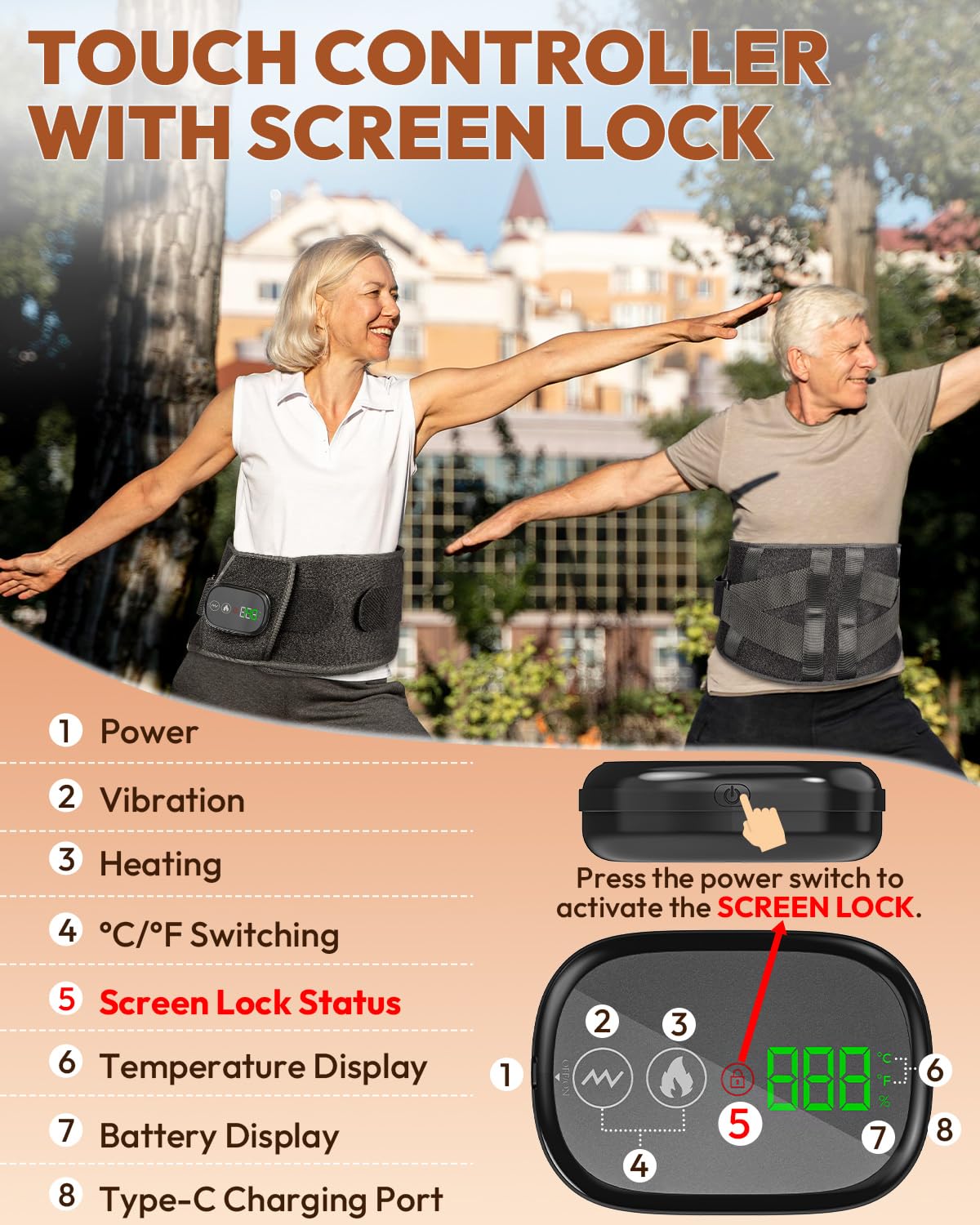 OVIMAZ red light therapy belt control panel highlights touchscreen settings and warmth control.