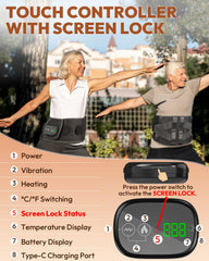 OVIMAZ red light therapy belt control panel highlights touchscreen settings and warmth control.