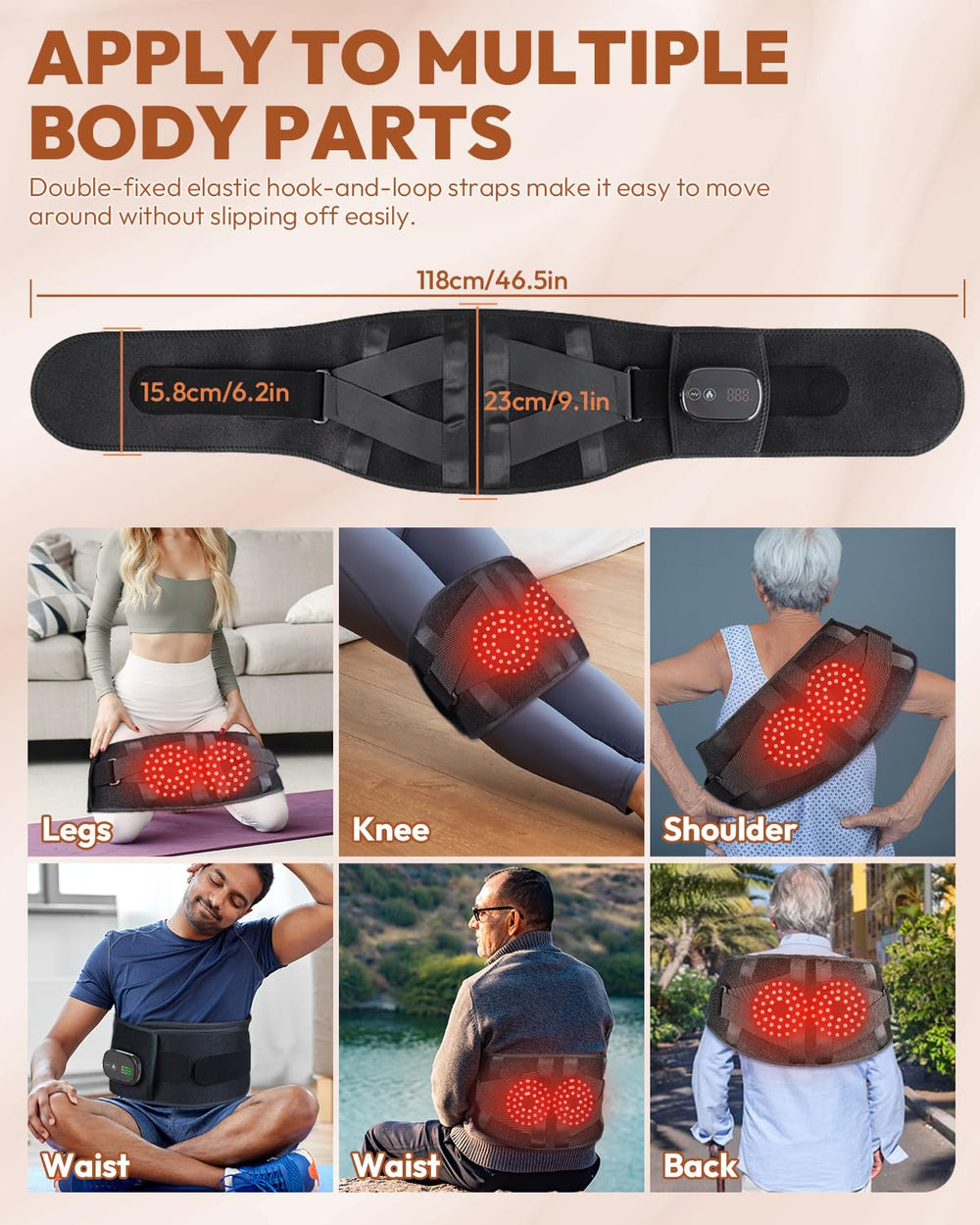 OVIMAZ red light therapy belt adjustable heat settings for personalized comfort.