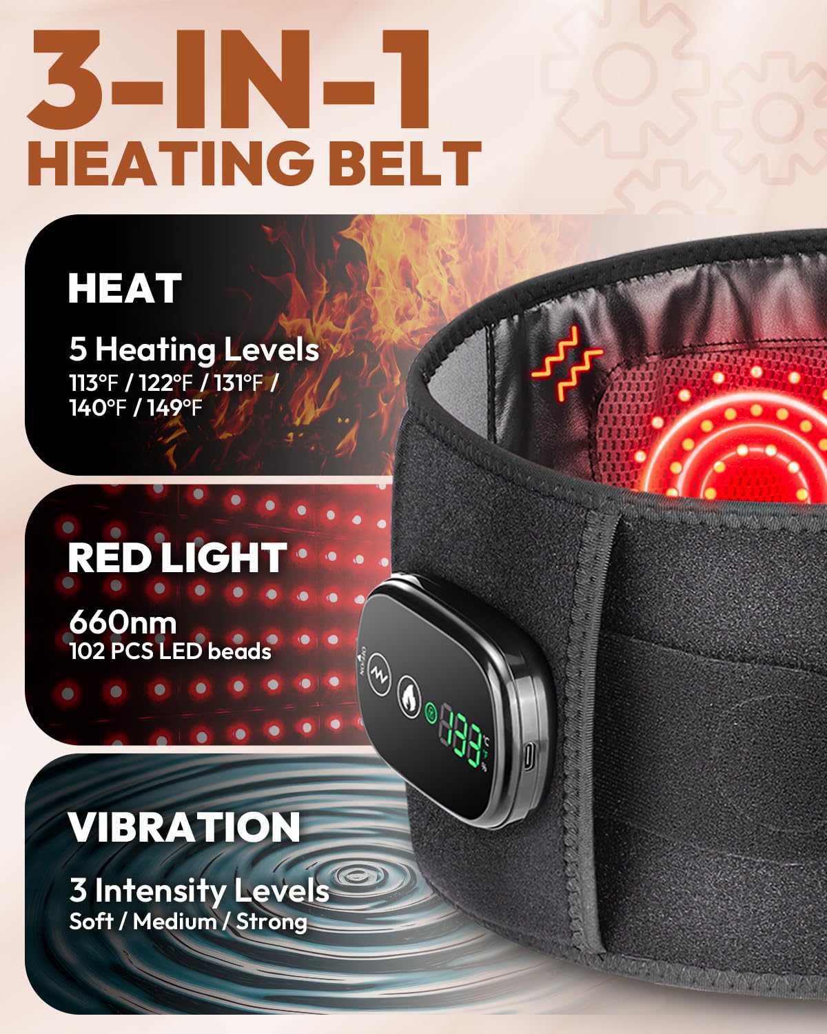 OVIMAZ red light therapy belt worn on back demonstrates comfortable fit for daily use.