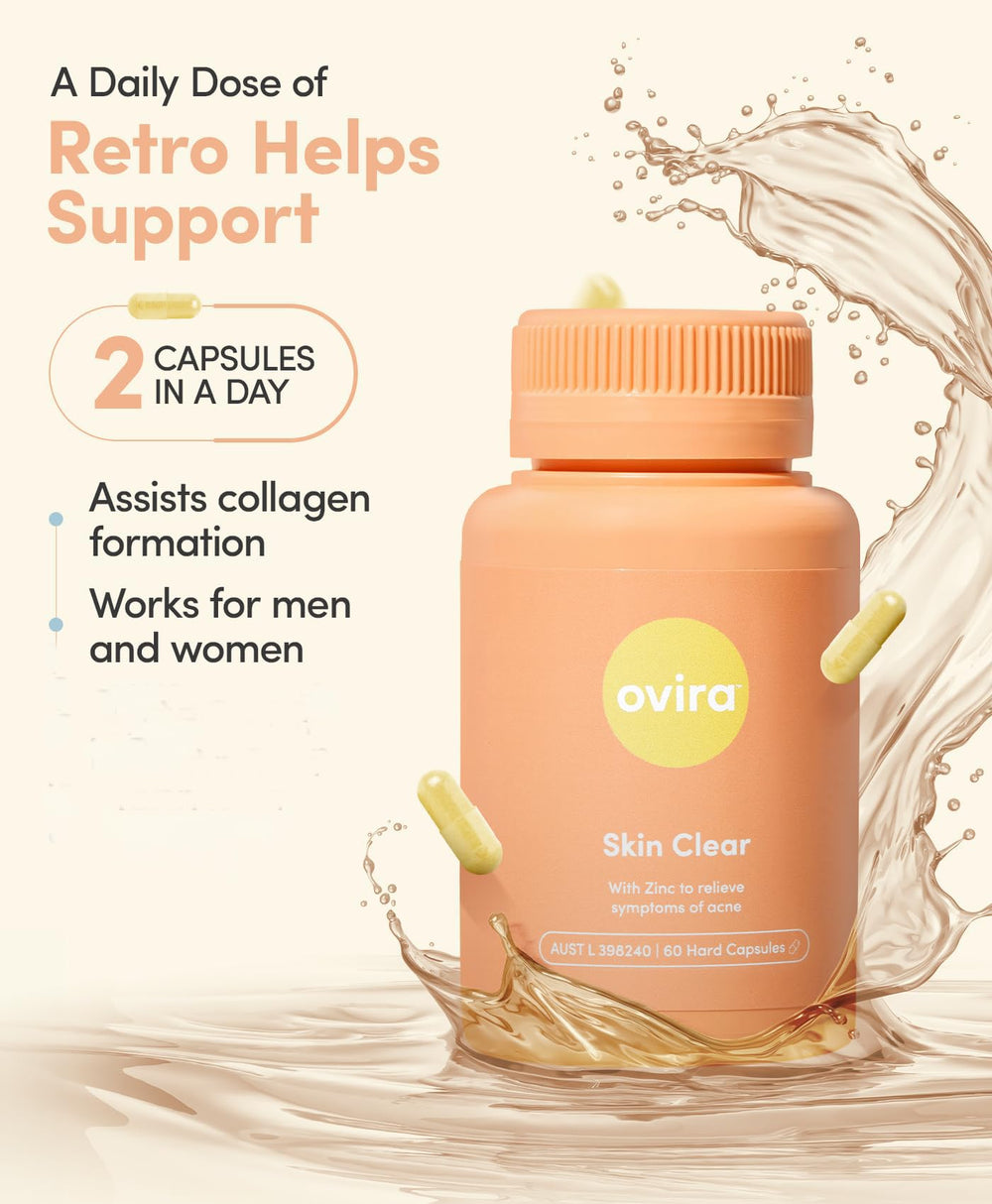 Ovira Skin Clear capsules close-up highlighting texture and daily use