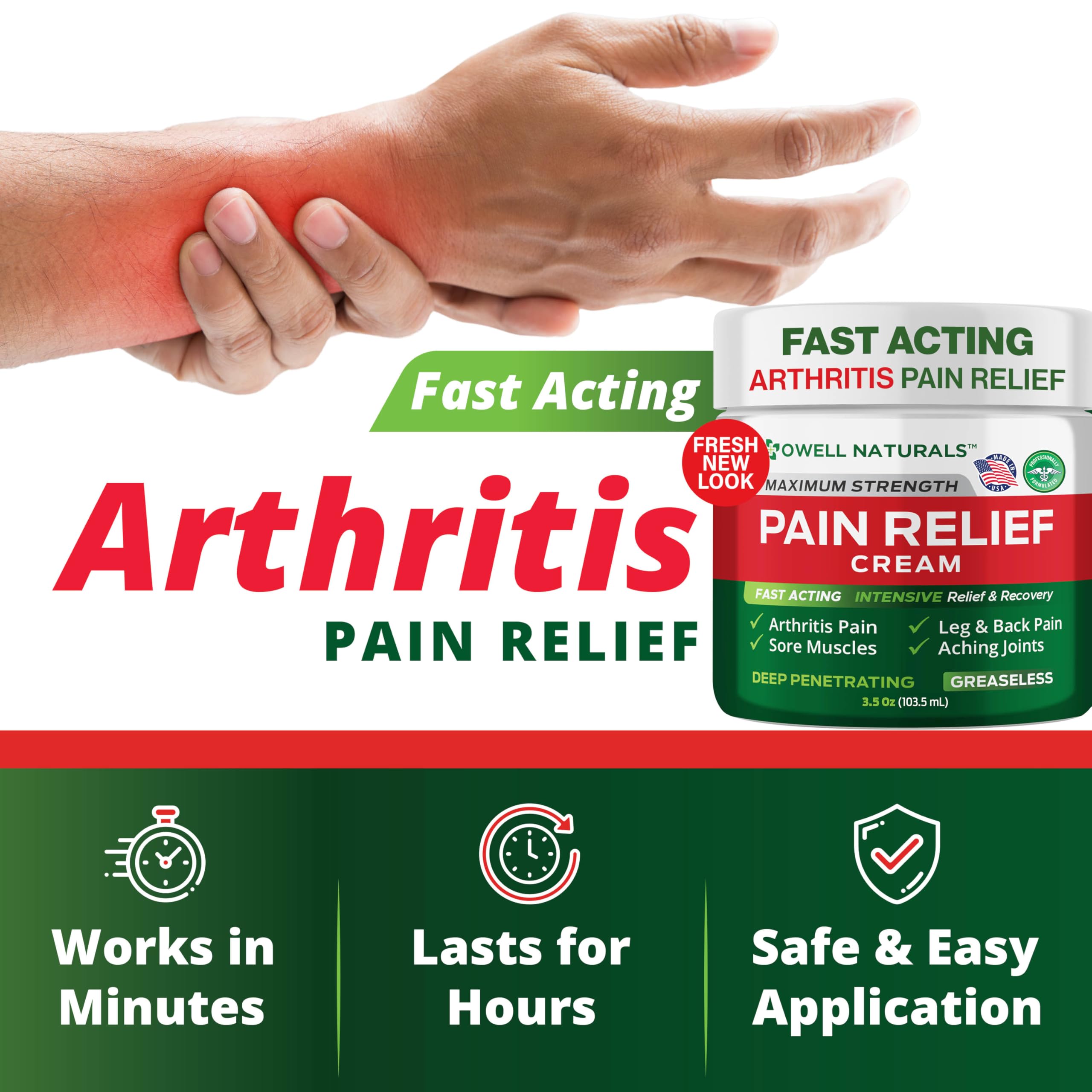 OWELL Naturals arthritis relief application on knee highlights targeted relief.