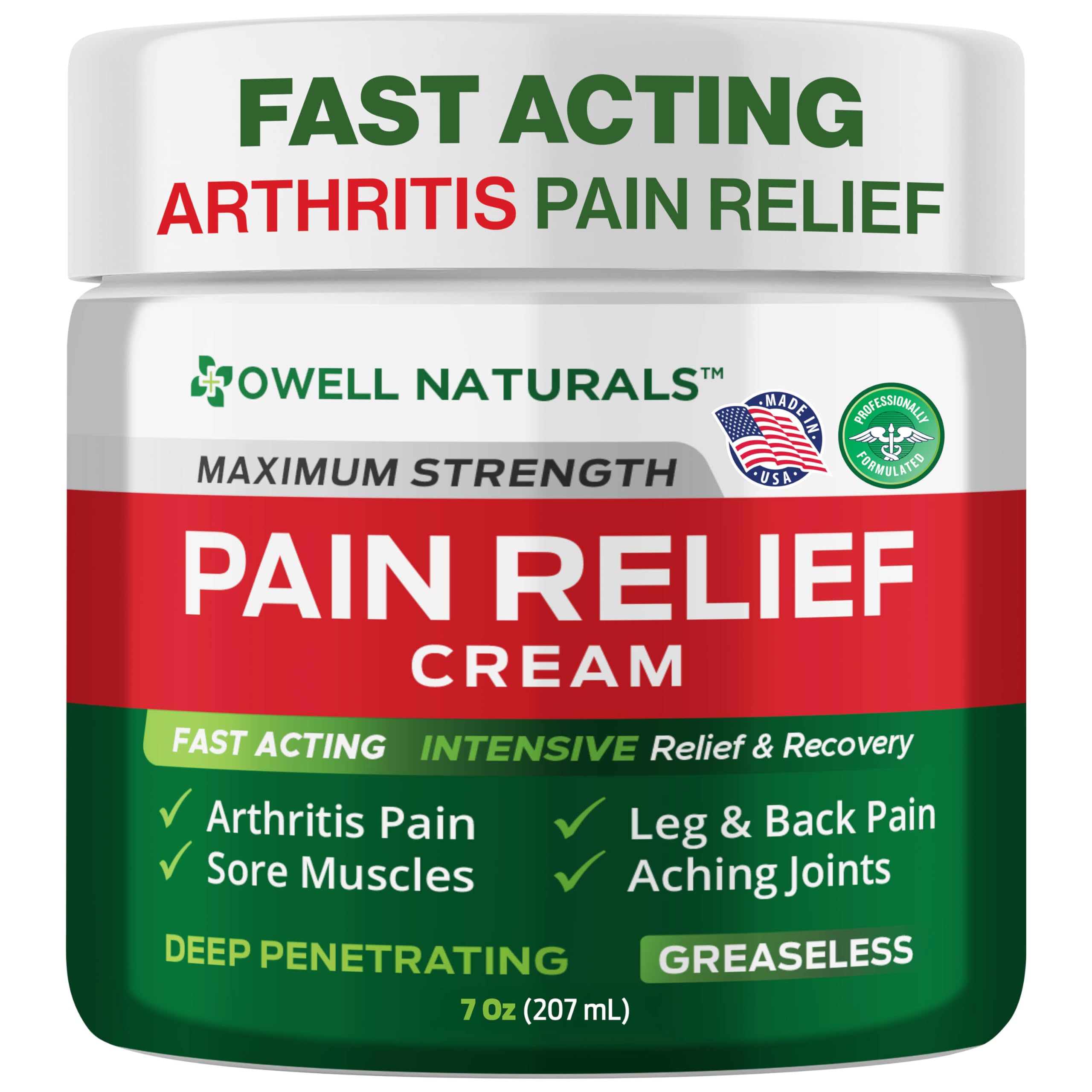 Owell Naturals Deep Penetrating Pain Relief Cream bottle pour for fast-absorbing joint and muscle comfort