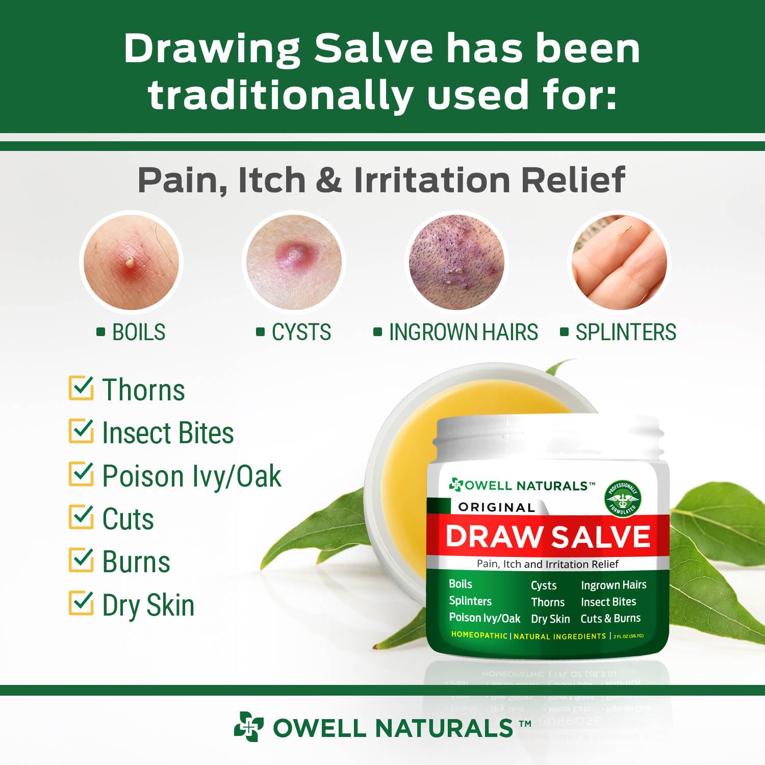 Close-up of Drawing Salve jar highlighting beeswax and olive oil ingredients.