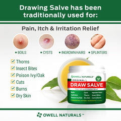 Close-up of Drawing Salve jar highlighting beeswax and olive oil ingredients.