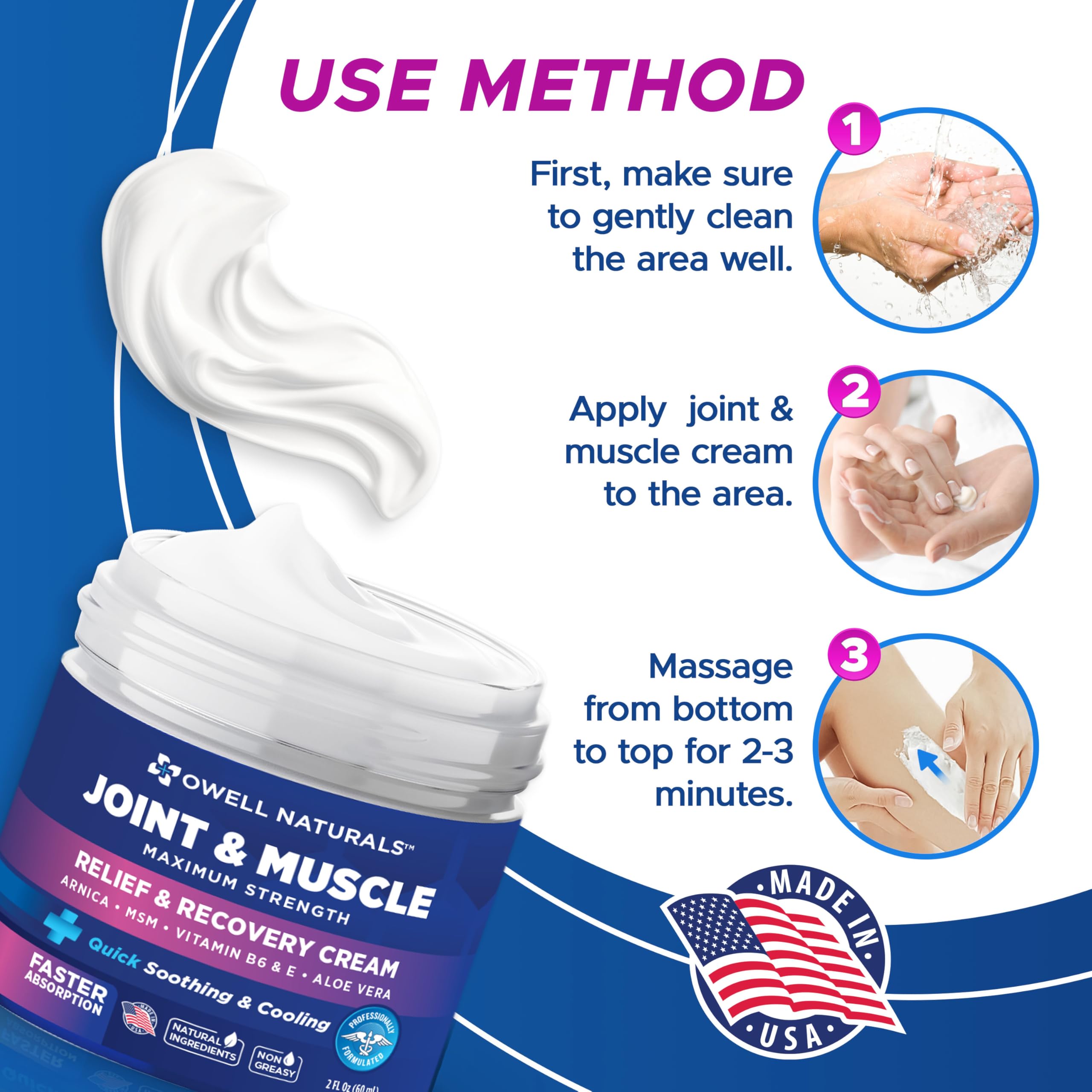 Non-greasy texture of OWELL Naturals Joint Cream absorbs rapidly