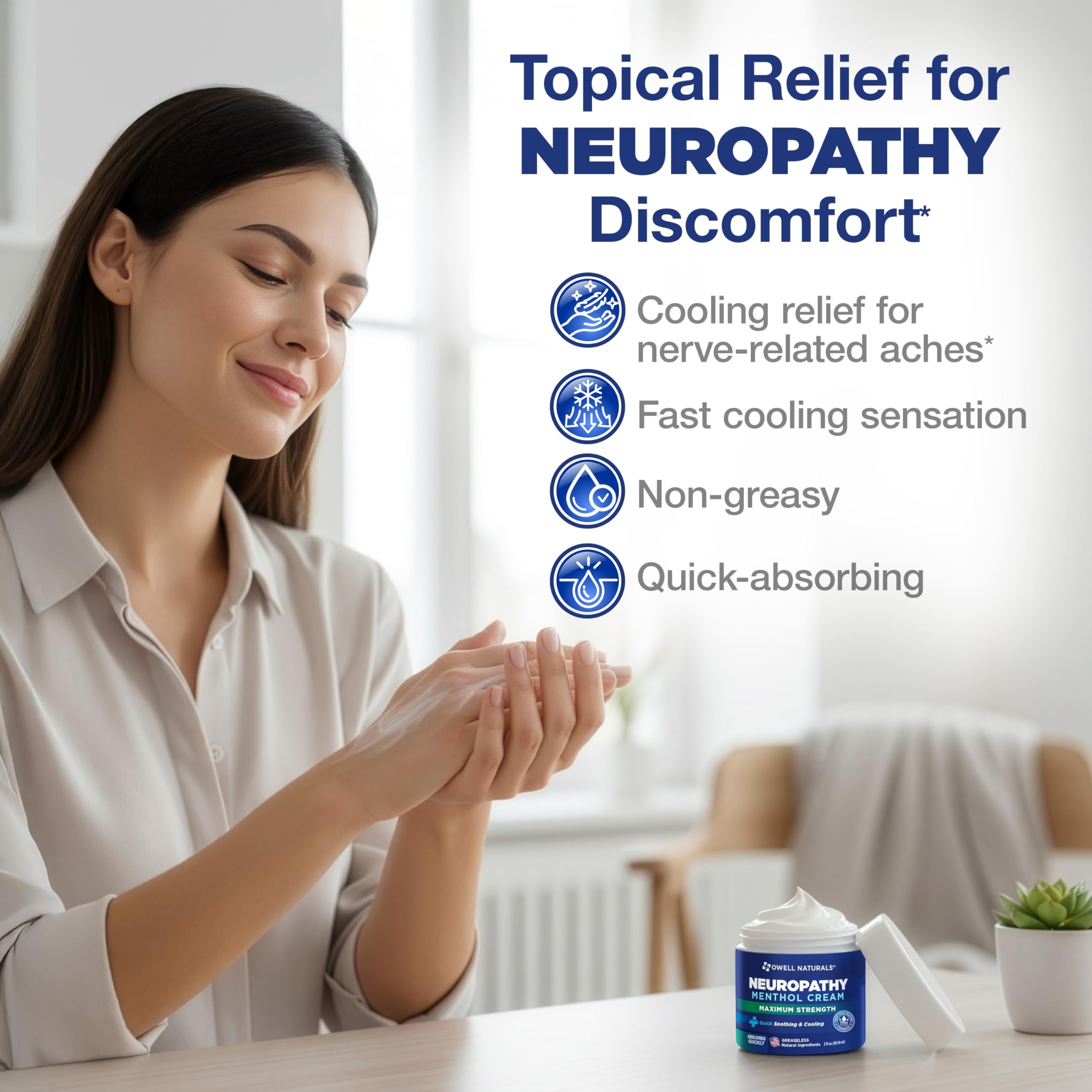 Owell Naturals Neuropathy Cream close-up texture showing quick absorption