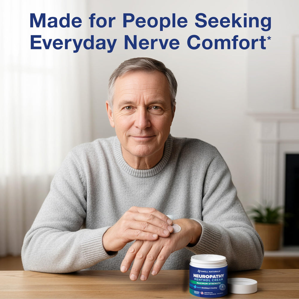 Owell Naturals Neuropathy Cream on leg demonstrating targeted relief