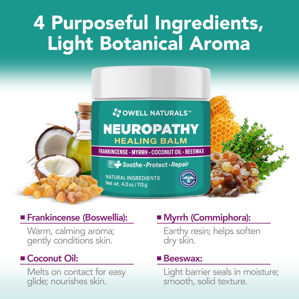 OWELL NATURALS Neuropathy Healing Balm jar closeup shows creamy, fast-absorbing texture.