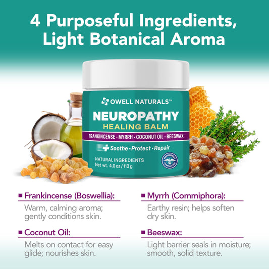 OWELL NATURALS Neuropathy Healing Balm jar closeup shows creamy, fast-absorbing texture.