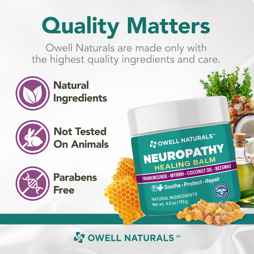 OWELL NATURALS Neuropathy Healing Balm USA-made label communicates purity and trust.