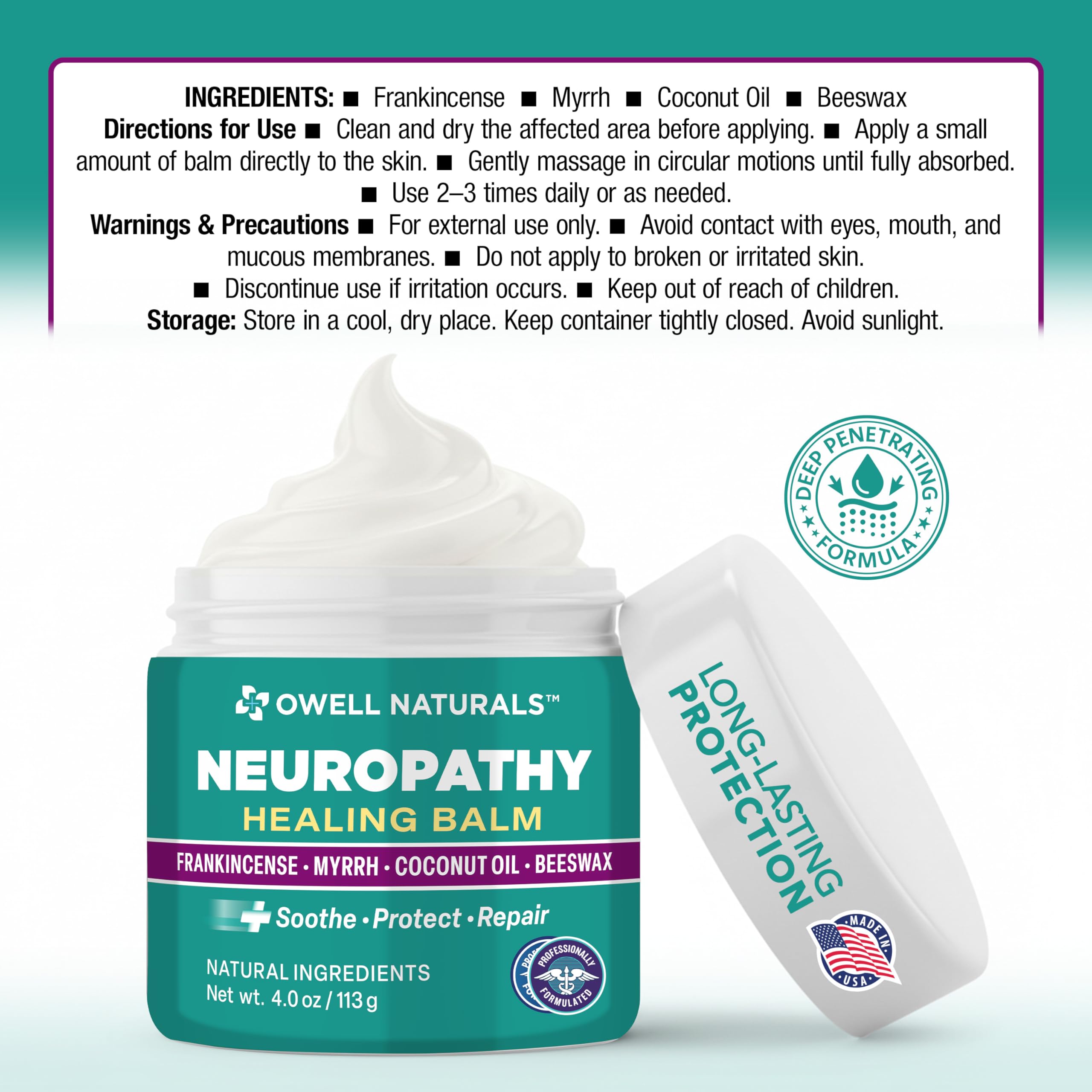 OWELL NATURALS Neuropathy Healing Balm texture closeup highlights smooth, deeply hydrating cream.