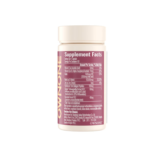 OWNONE Biotin capsule close-up showing high-potency supplement for hair.