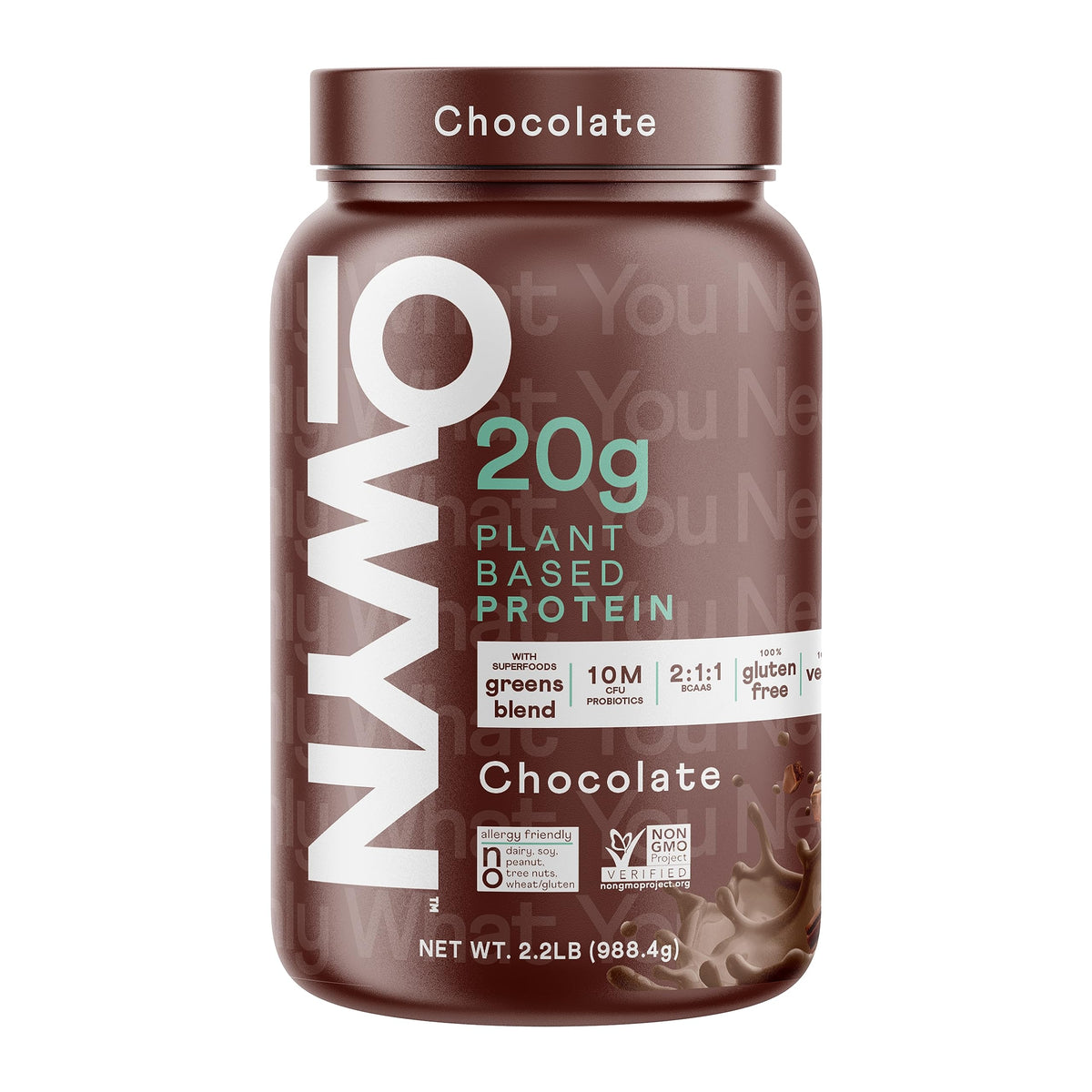OWYN chocolate protein powder jar front; dairy-free plant protein.