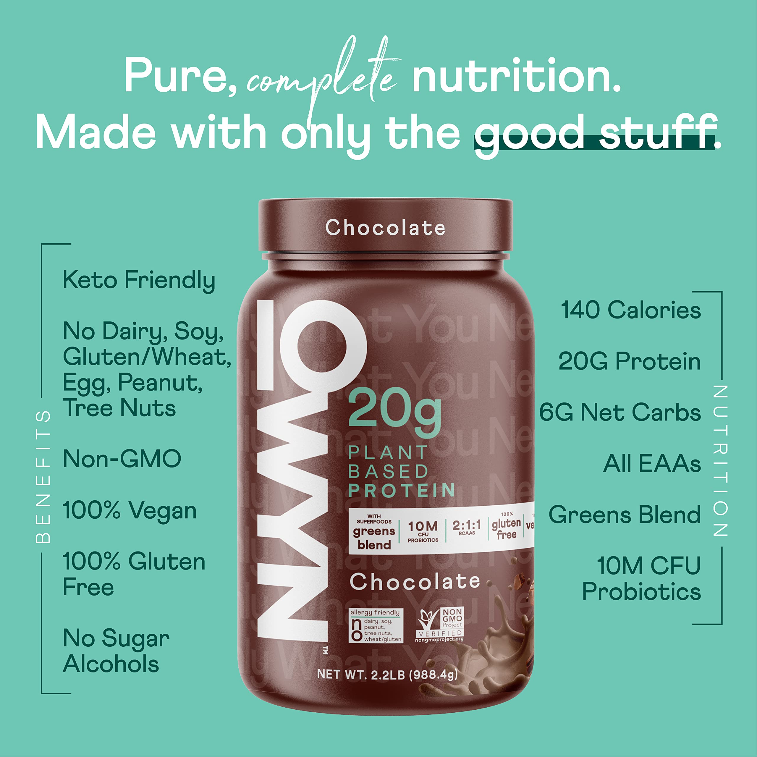 OWYN nutrition panel shows 20g protein per serving.