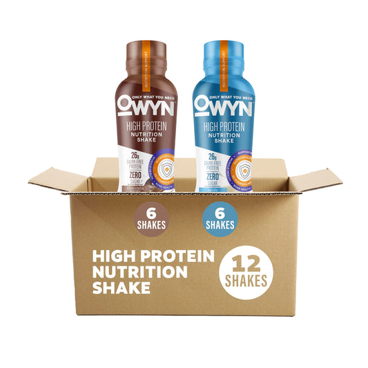 OWYN High Protein Shake chocolate bottle showcases dairy-free protein for on-the-go nutrition