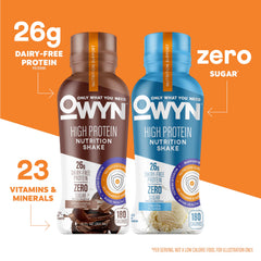 OWYN chocolate shake pour reveals smooth texture and quick drinkability
