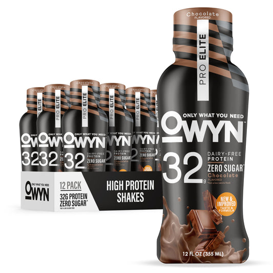 OWYN Pro Elite Chocolate bottle pour, protein shake for post-workout fueling.