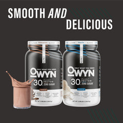 Close-up of OWYN Pro Elite powder ingredients like pumpkin seeds and chia.