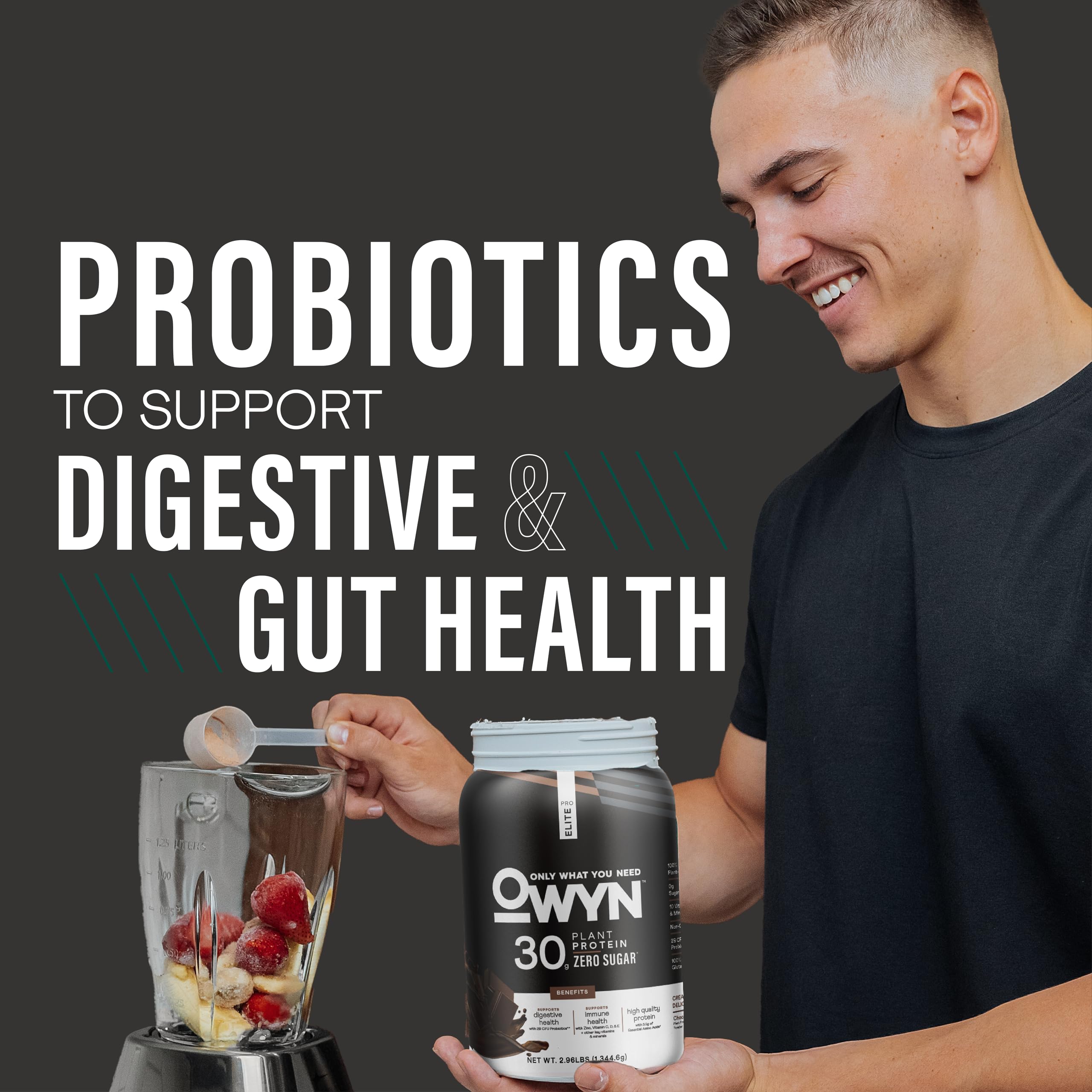 Front view of OWYN Pro Elite packaging highlighting dairy-free and gluten-free attributes.