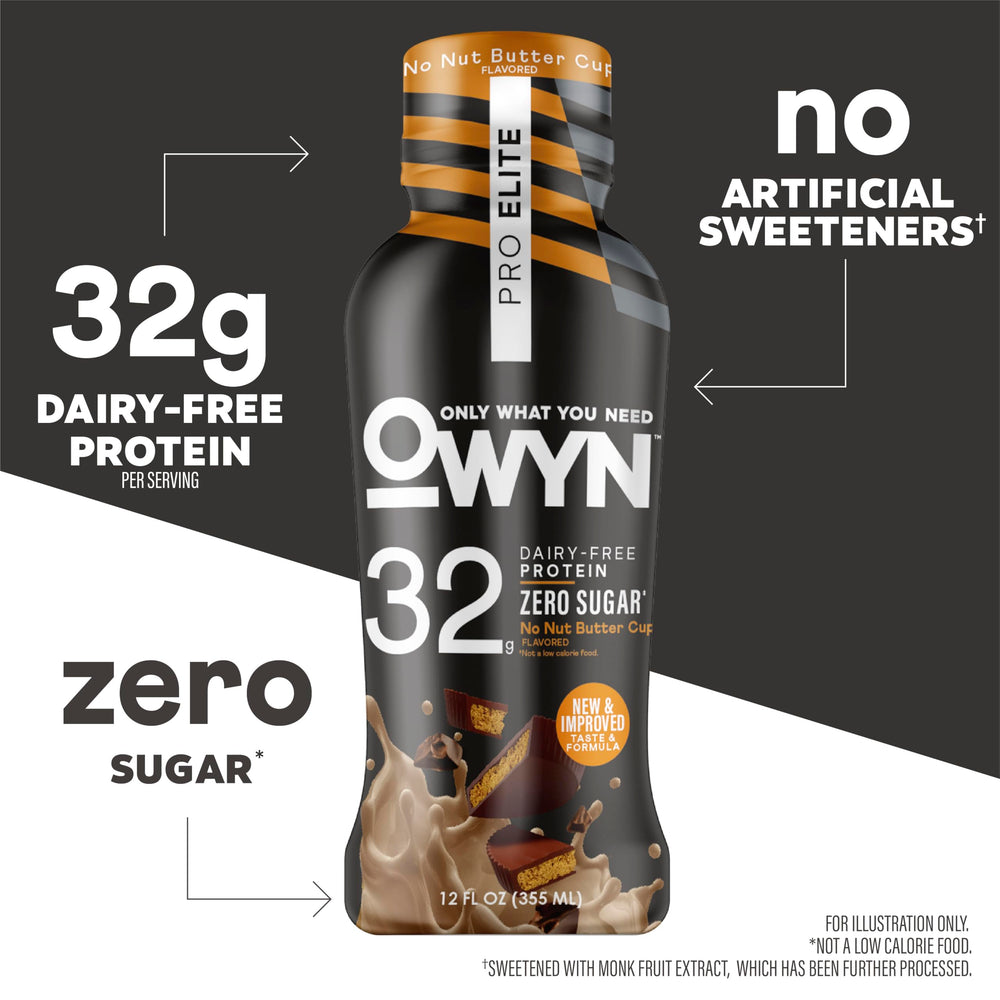 OWYN Pro Elite No Nut Buttercup ingredients panel highlights 32g protein and greens blend
