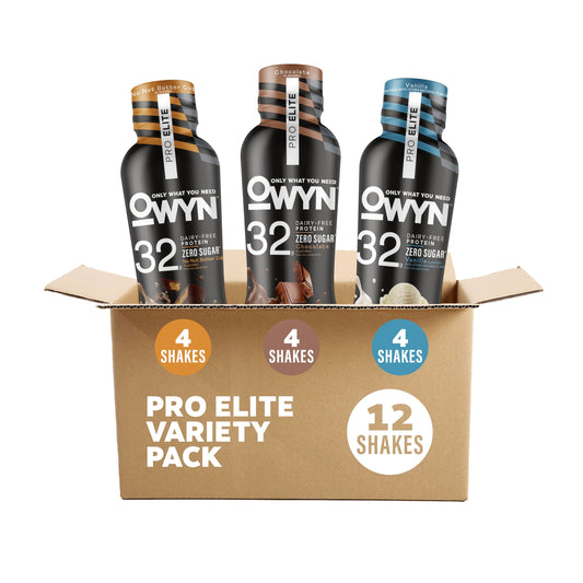 OWYN Pro Elite chocolate shake bottle for convenient protein fueling on the go.
